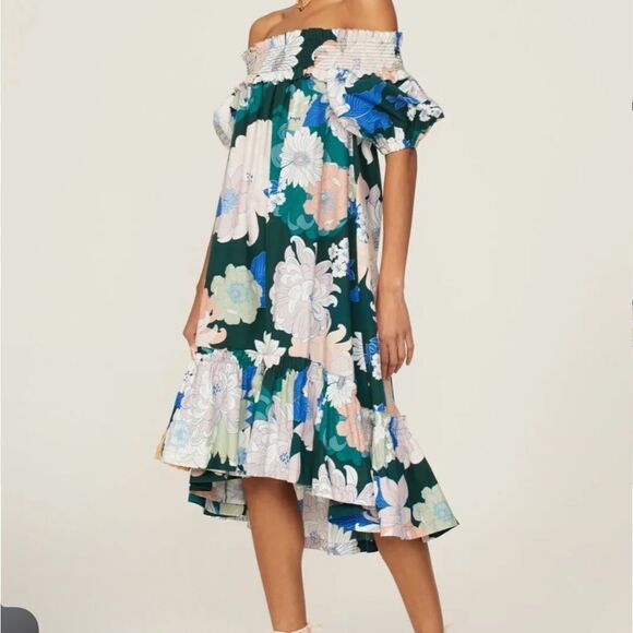 Cara Cara Zinnia Green Floral Off the Shoulder Midi Dress| Size 6 - Picture 1 of 11